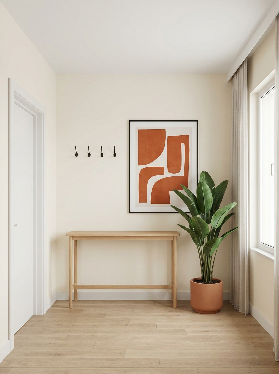 Heller Empfangsbereich mit Konsolentisch, Garderobenhaken, Kunstdruck und Pflanze
