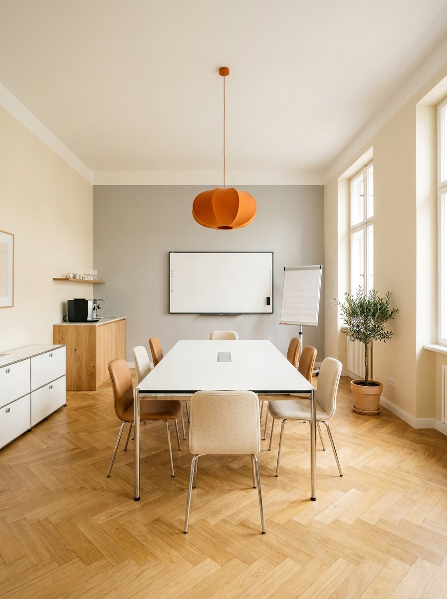 Heller Team-Workspace mit großem Tisch, oranger Pendelleuchte, digitalem Whiteboard und Flipchart